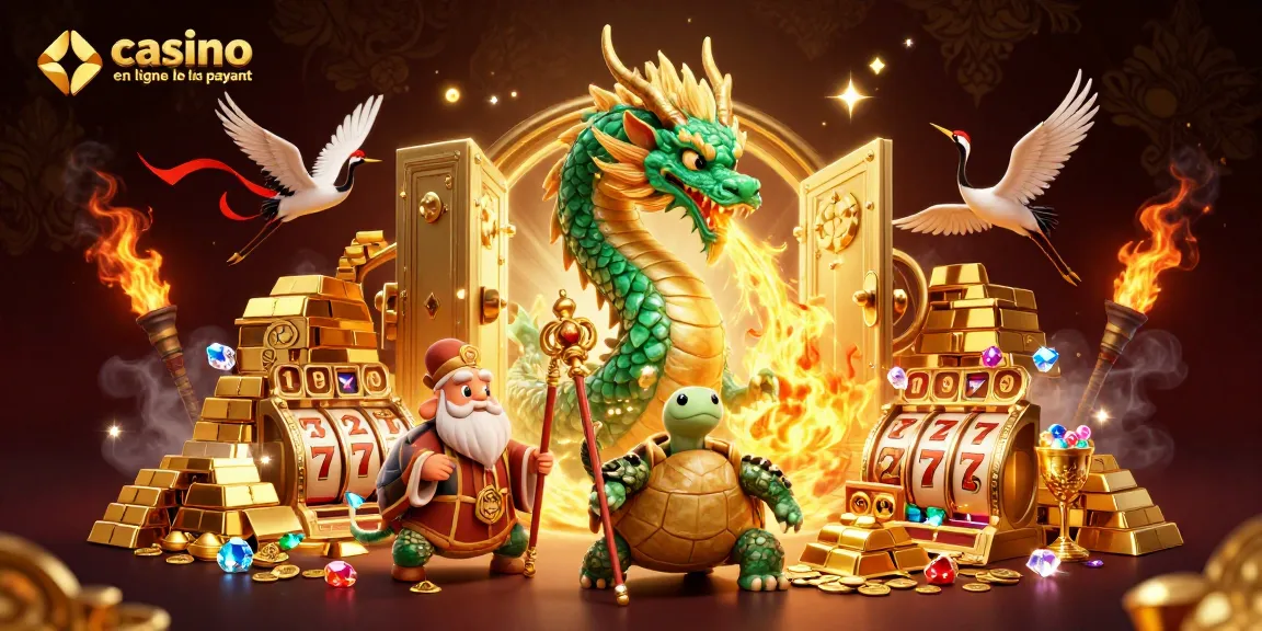 Illustration artistique d'un casino en ligne le plus payant avec un dragon émeraude et des trésors scintillants.