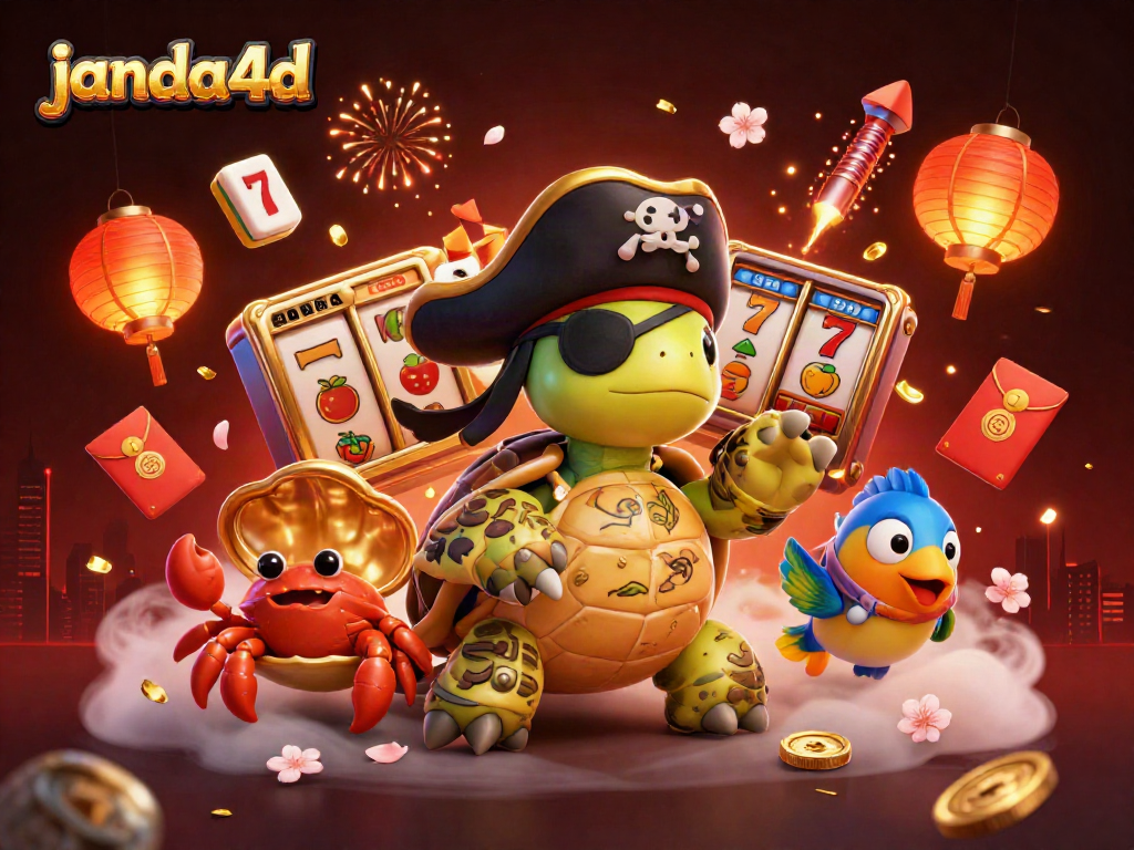janda4d menghadirkan ilustrasi kasino menarik dengan karakter laut dan simbol slot yang menggoda