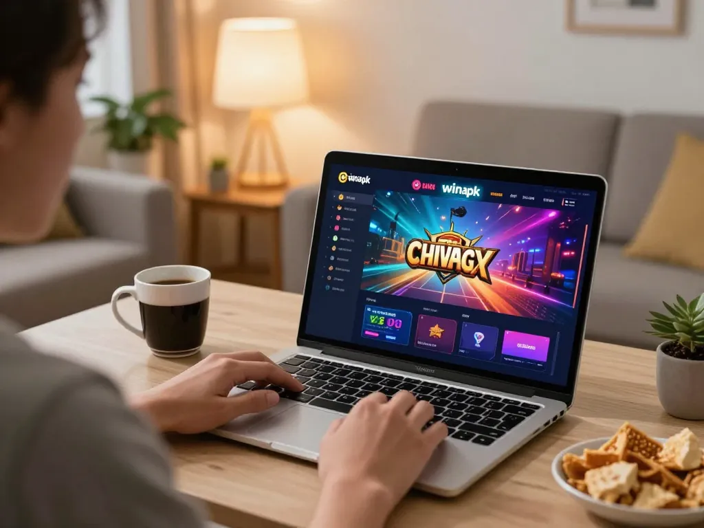 Engaging home gaming with sunwinapk interface on laptop, snacks and cozy ambiance