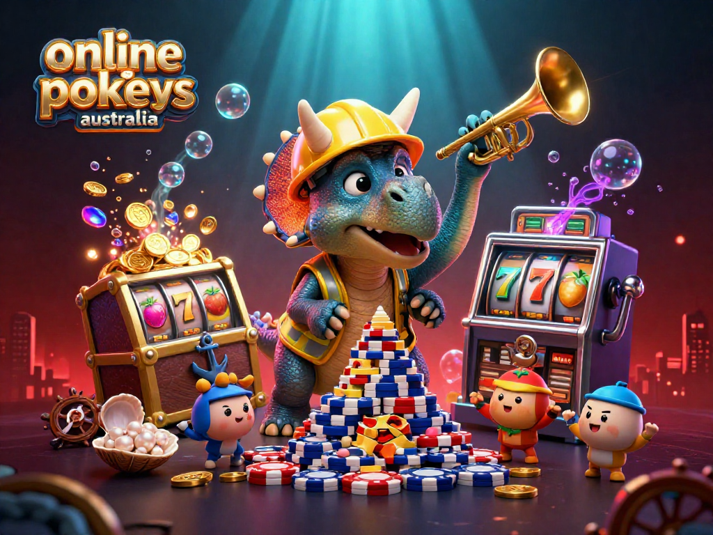 Experience the excitement of online pokies Australia in a vibrant 3D illustration filled with fun elements.