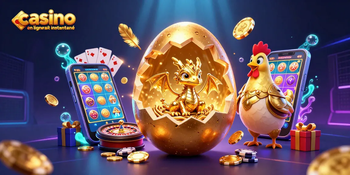 Casino en ligne retrait instantané : Émerveillez-vous devant un dragon doré escorté de jetons de poker.