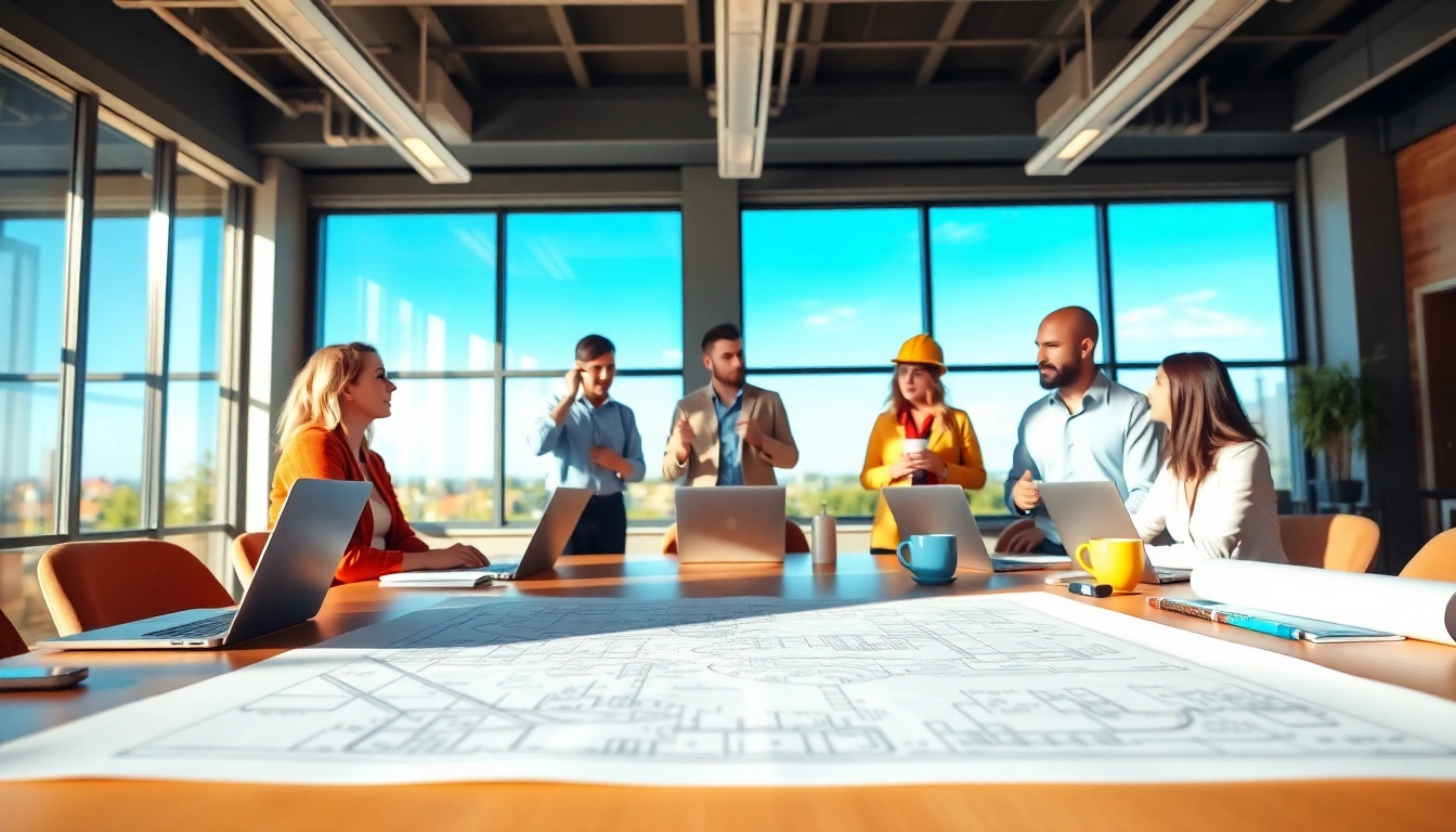 Engaging professionals in construction advocacy collaborating over blueprints and plans.