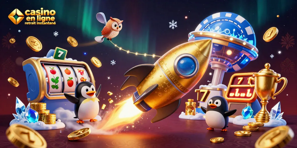 Casino en ligne retrait instantané : un pingouin doré surfant vers une station spatiale de jeux.