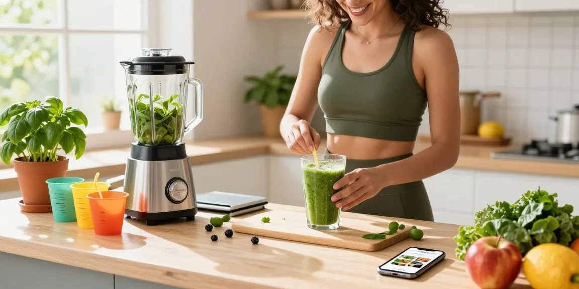 Discover the best weight loss app while preparing a healthy smoothie in a bright kitchen.