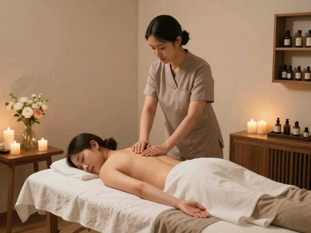Relaxing 신사동마사지 session in a tranquil studio with calming atmosphere.