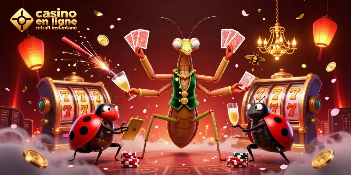 Casino en ligne retrait instantané : un mante religieuse et une coccinelle dans un monde vibrant de jeux.