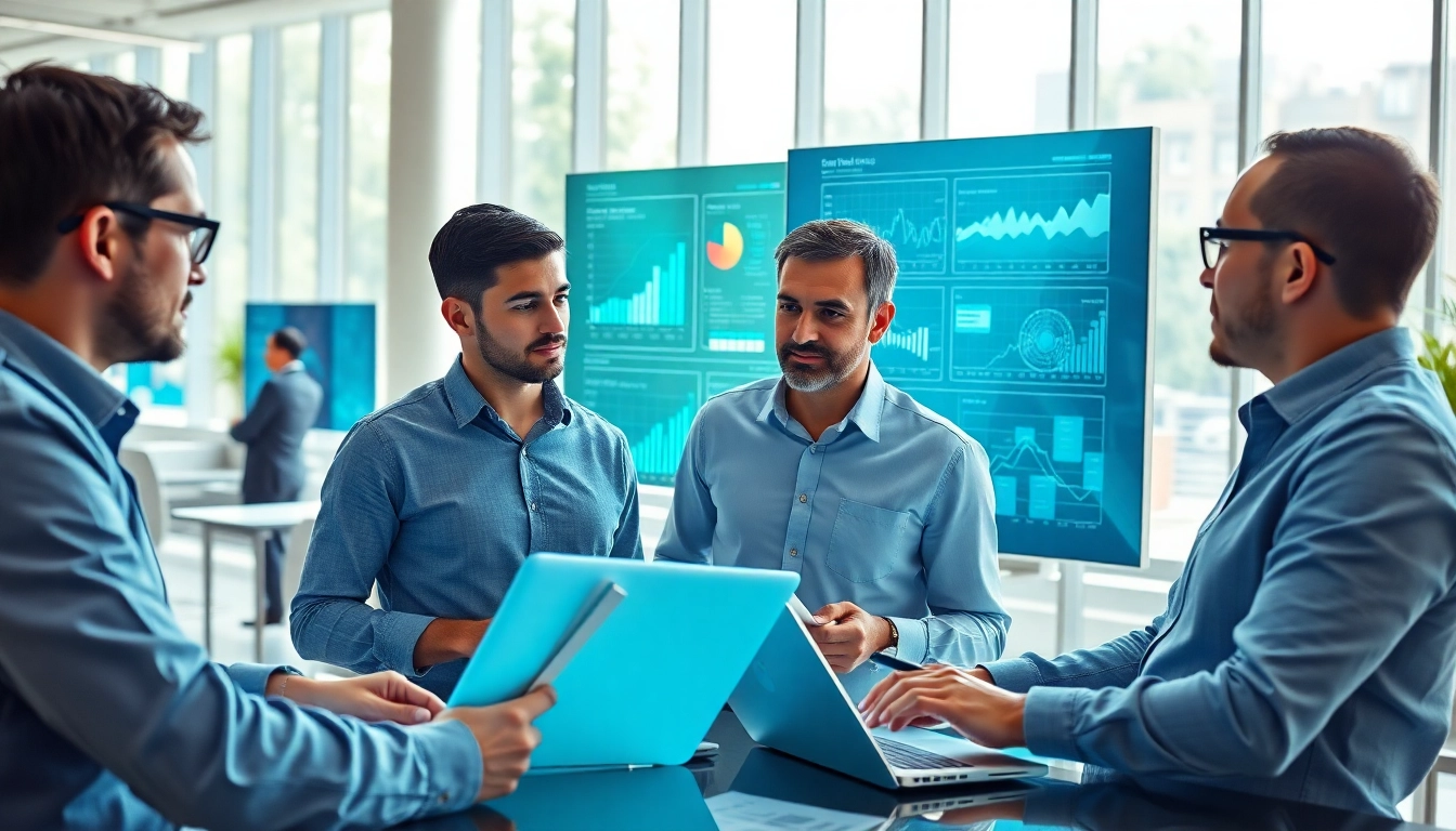 Data analysts collaborating on Competitive intelligence trends in a modern office setting.