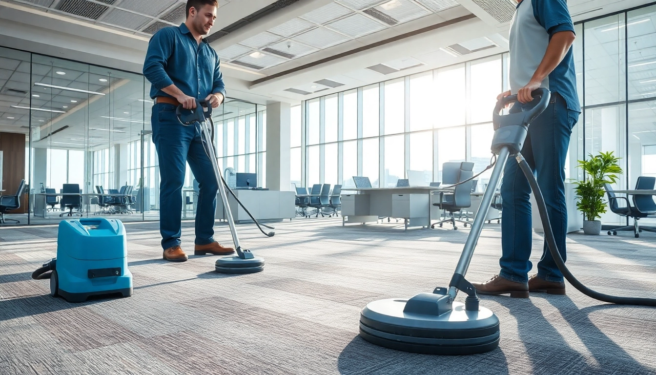 Efficient commercial carpet cleaners maintaining office carpets with advanced equipment.