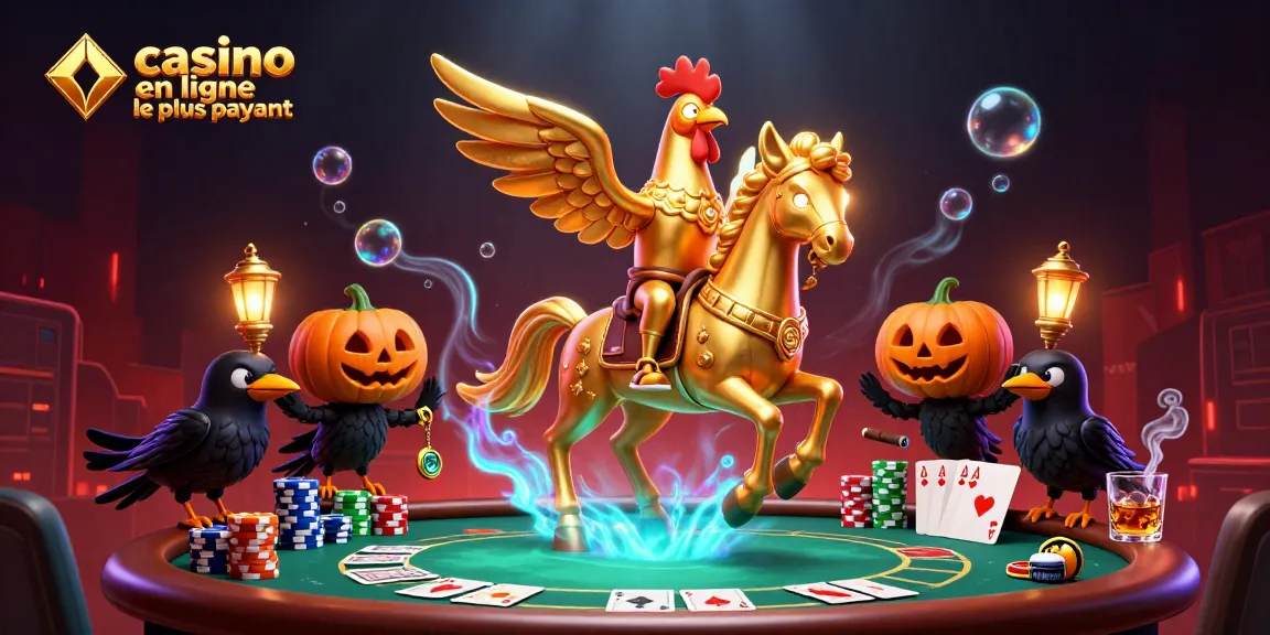 Illustration dynamique de casino en ligne le plus payant avec un coq doré et des éléments de poker.