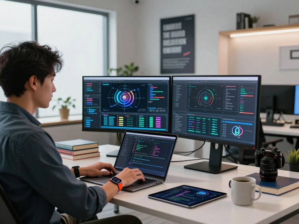 crushon software development workspace showcasing programmer with multiple screens and modern office elements