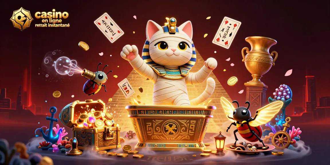 Découvrez un casino en ligne retrait instantané avec un chat momie égyptien en pleine action.