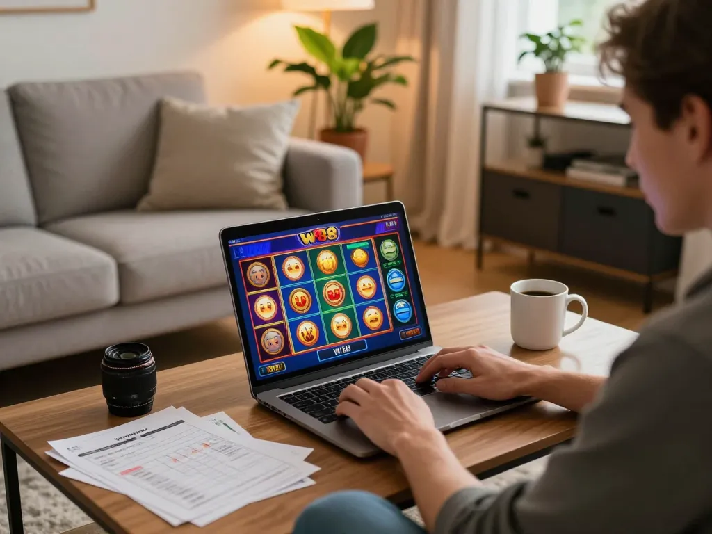 Player enjoying w 88 online casino on laptop in cozy home setting, vibrant slot games displayed.