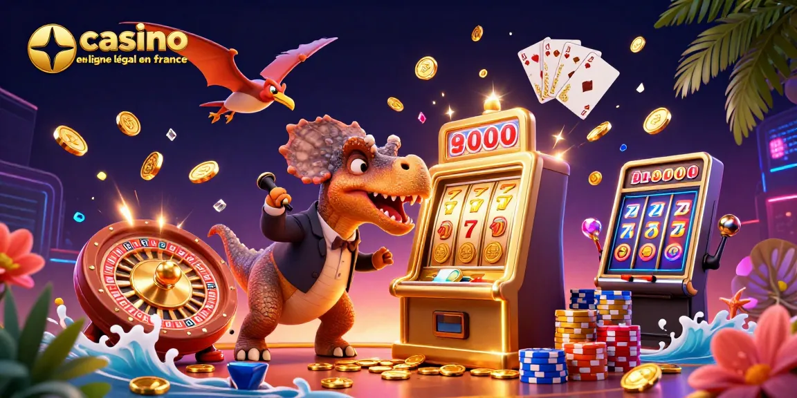 Illustration de casino en ligne légal en France avec des personnages de dinosaures et des machines à sous