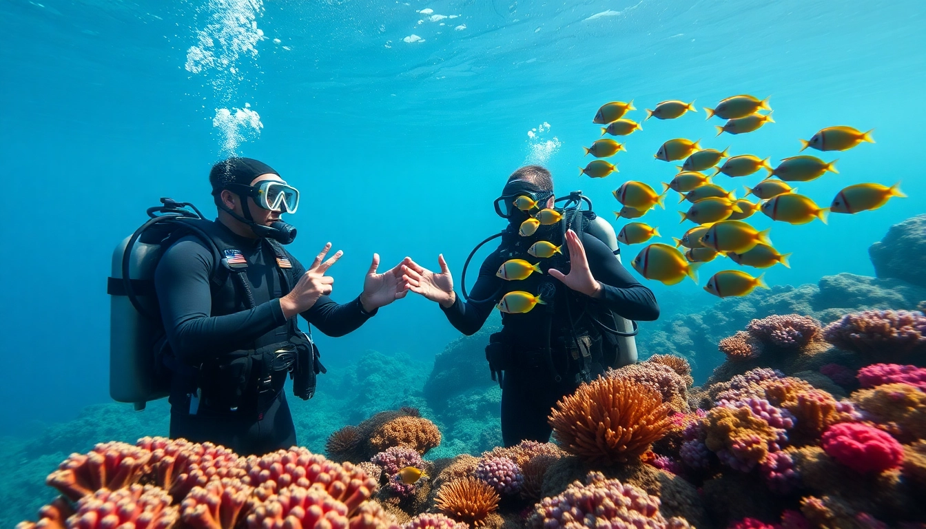 SSI Kurse: Taucher bereiten sich auf SSI Kurse in einer ruhigen Unterwasserlandschaft mit buntem Meeresleben vor.