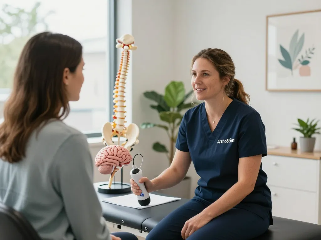 Brain-based chiropractic consultation at synapticdc.com with Dr. Andrea Smith and patient in a calming clinic.
