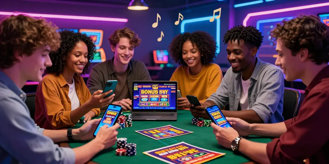Friends exploring bonus buy slots at an online casino with lively atmosphere and gaming props.
