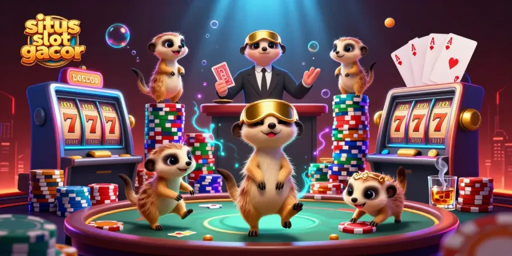 Permainan situs slot gacor dengan koloni meerkat menjalankan kasino yang ramai dan penuh aktivitas.