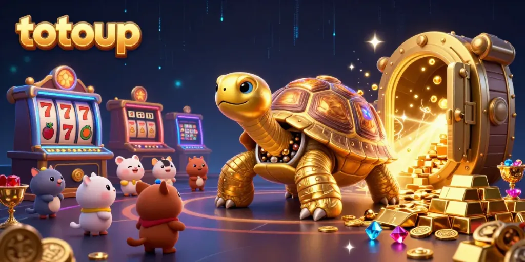 Experience thrills at the totoup casino with vibrant golden tortoise and dazzling slot elements.