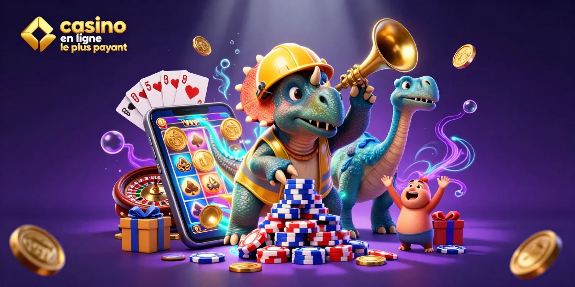 Illustration dynamique célébrant le casino en ligne le plus payant avec des personnages de dinosaures et des jeux de casino.