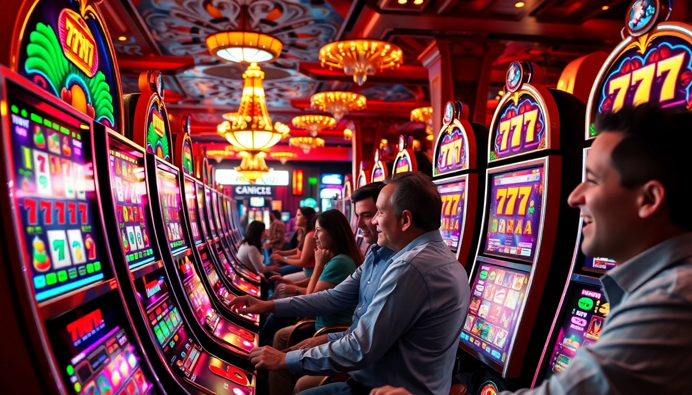 Players enjoying the slot 777 experience in a vibrant, lively casino atmosphere.