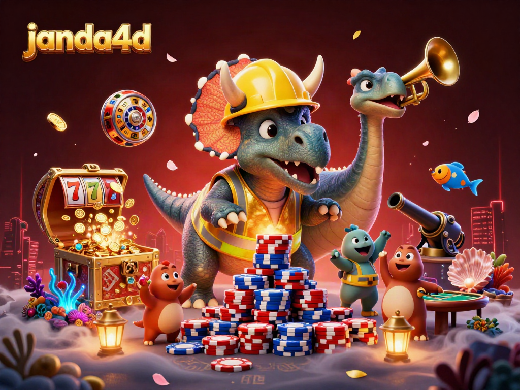 janda4d memperlihatkan triceratops dan parasaurolophus merayakan kemenangan dengan chip poker di latar belakang yang memukau