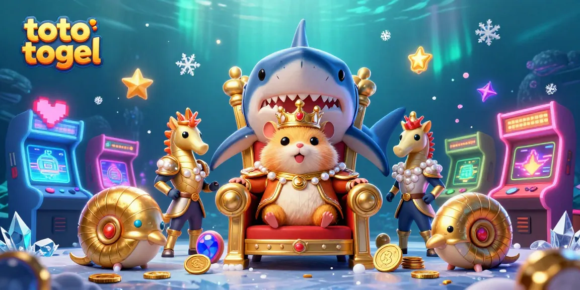 Engaging scene of toto togel adventure with a golden hamster king, arcade games, and vibrant underwater effects.