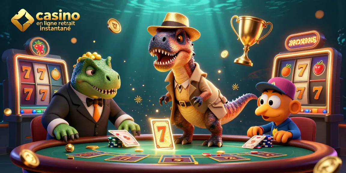 Image de jeu de casino en ligne retrait instantané avec des personnages de dinosaures animés dans un décor de machines à sous.