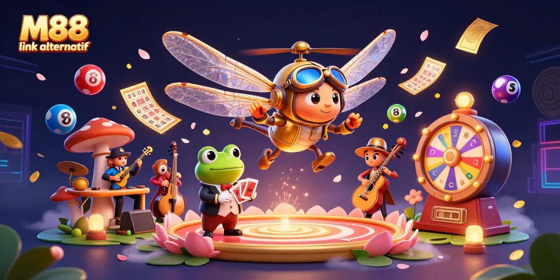 Engage with M88 link alternatif for thrilling casino experiences featuring a vibrant illustration of game elements.