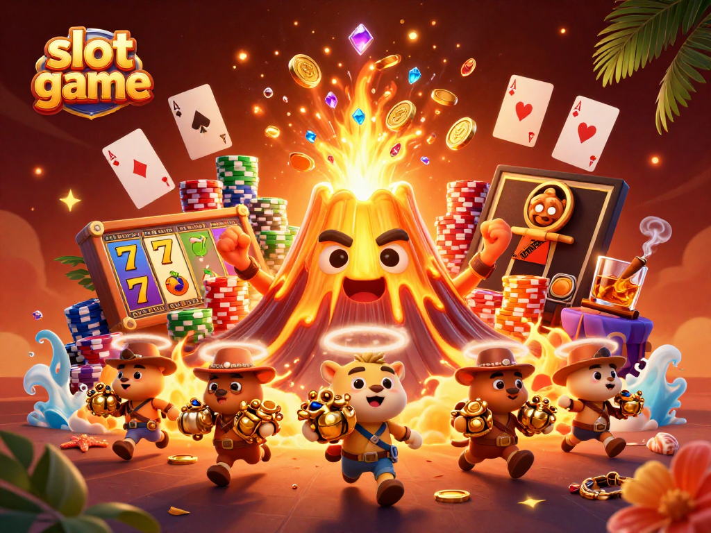 Experience the vibrant slot game with a golden volcano amidst treasures and dynamic casino elements.
