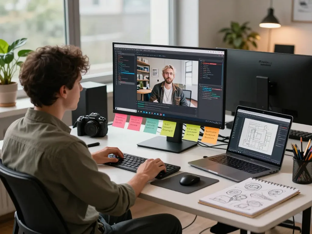AI specialist generating image to prompt using high-resolution monitor and creative workspace elements.