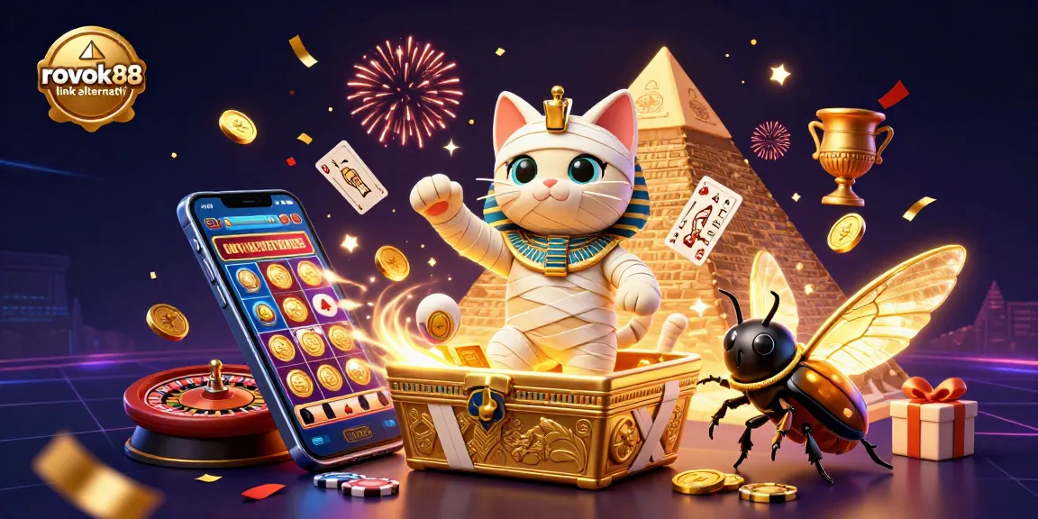 Experience the excitement at rokok88 link alternatif with vibrant casino visuals showcasing a mummy cat bursting from a sarcophagus.