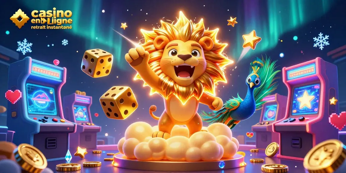 Profitez du monde vibrant du casino en ligne retrait instantané avec des éléments colorés et un lion solaire triomphant.