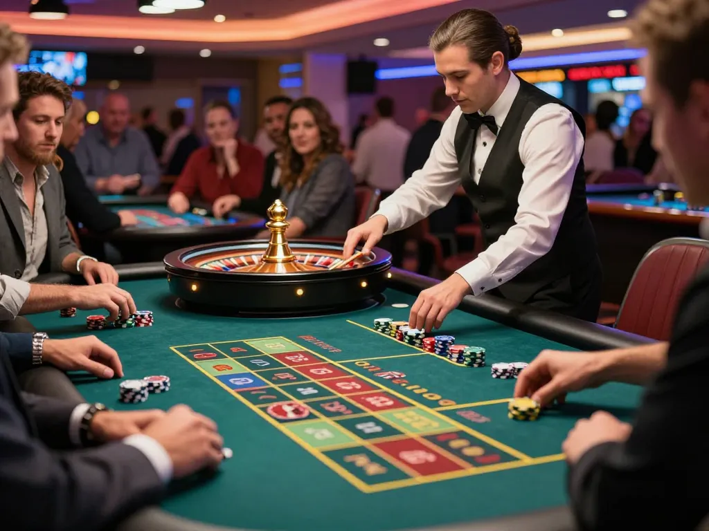 Dynamic roulette gameplay at a vibrant tg88-lc casino, showcasing players making bets and croupier spinning the wheel.