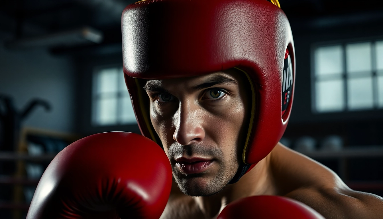Boxer mit schützendem Headgear Boxing während des Trainings in einem Fitnessstudio.