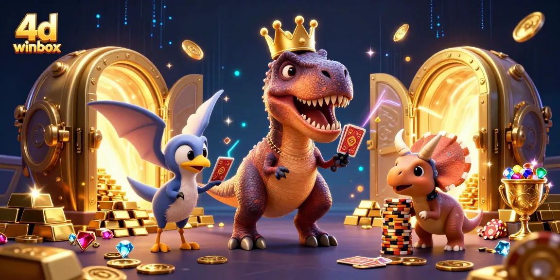 Engage in the thrill of 4d winbox lottery with T-Rex and friends amidst treasures.
