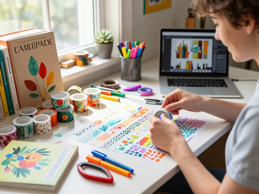 Creative individual designing custom washi tape in a vibrant crafting scene with colorful materials and decorations.
