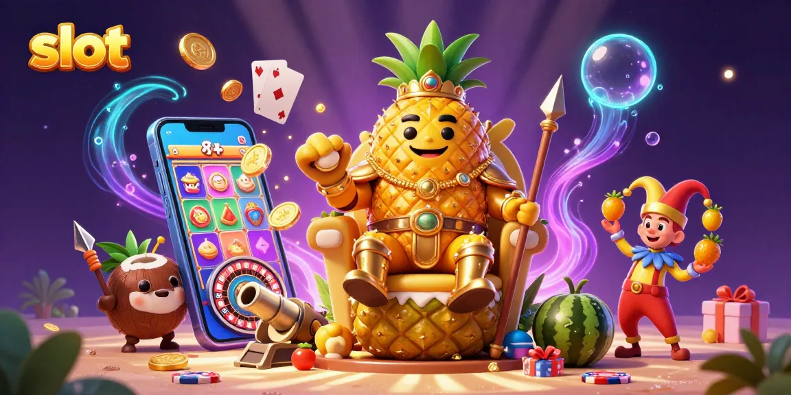 Spin colorful slot games with the golden pineapple king at a lively beach casino scene.
