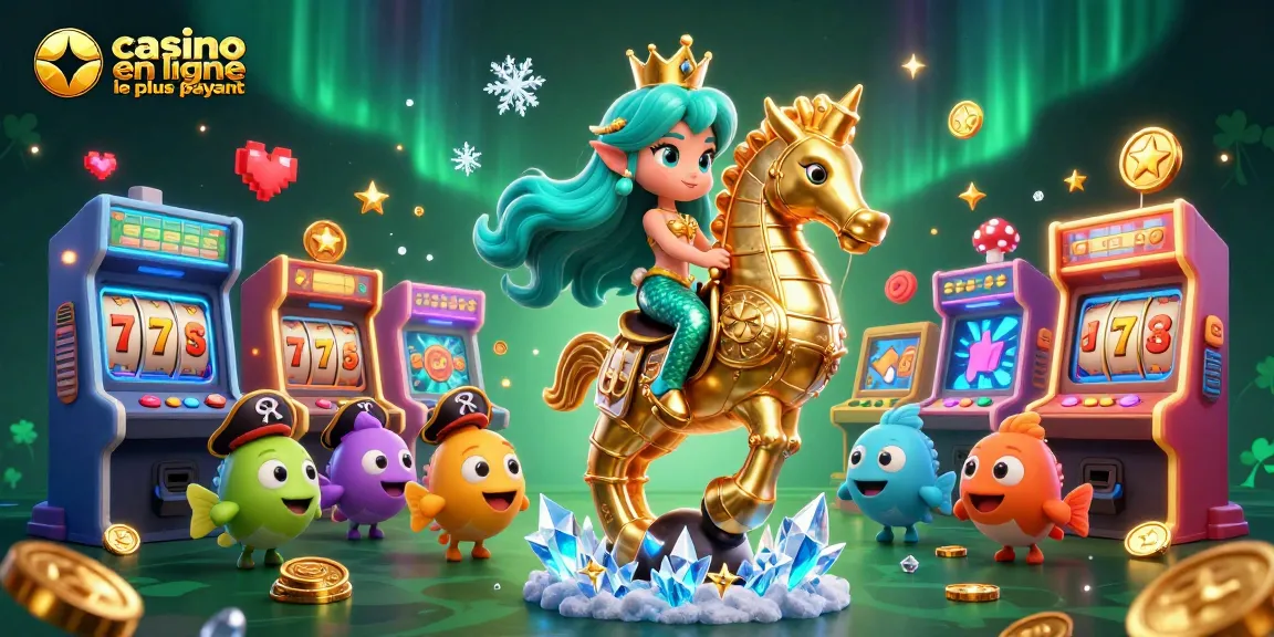 Illustration colorée d'une princesse sirène, symbolisant le casino en ligne le plus payant, entourée d'éléments de jeux.