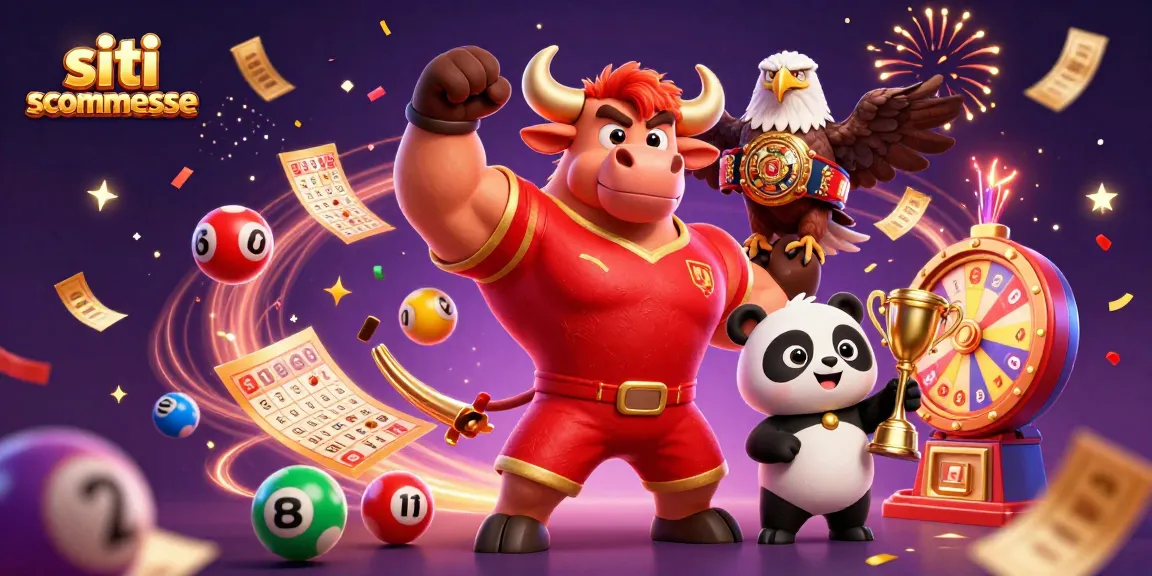 Siti scommesse: toro e panda festeggiano mentre colpiscono il jackpot con premi colorati.
