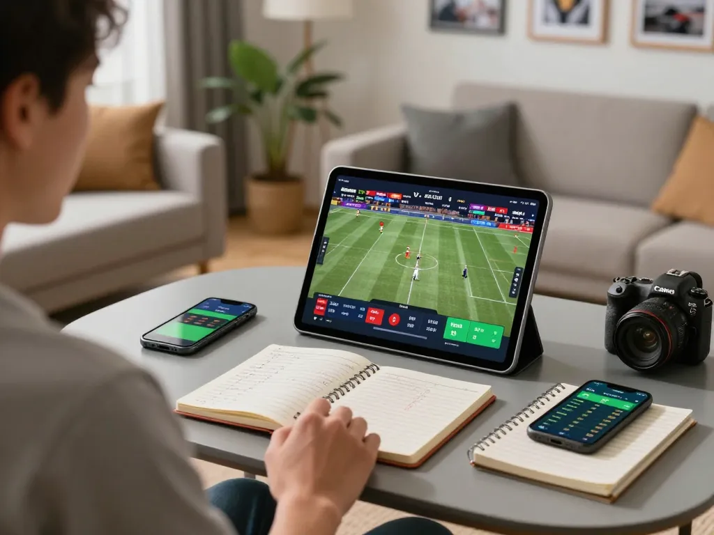 Person engaging in online sports betting on a tablet, analyzing sc8885 odds and strategies at home.