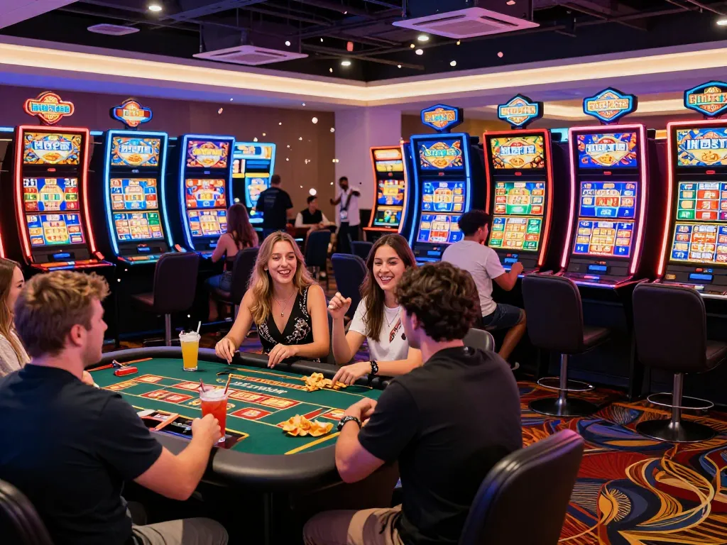 Exciting casino hubet88 scene capturing players celebrating wins at vibrant gaming tables and slot machines.