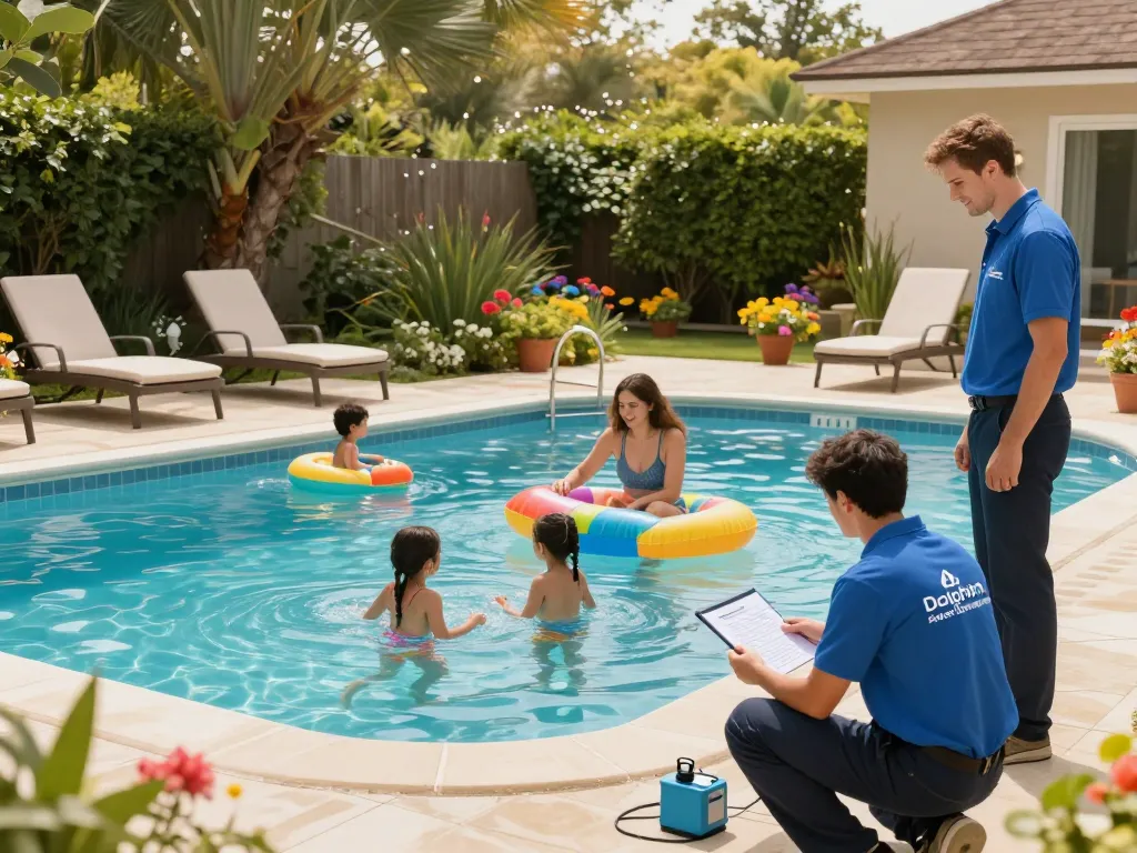 Dolphin Pool Services technician maintaining a family’s beautiful pool, ensuring summer fun and safety.