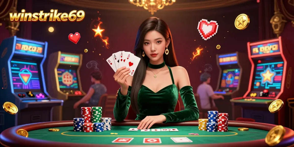 Experience the excitement at winstrike69 with a stunning poker scene featuring an Asian woman expertly strategizing her card hand.