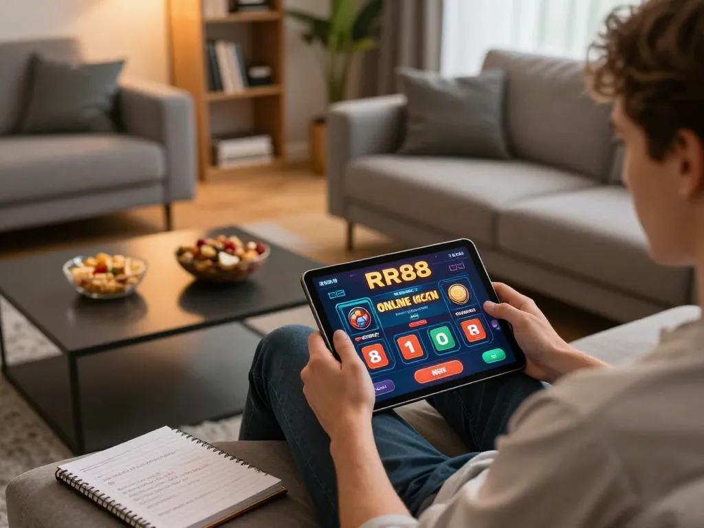 Engaging online gaming moment at https://rr88k1.com/ with a player using a tablet, showcasing strategic betting actions.