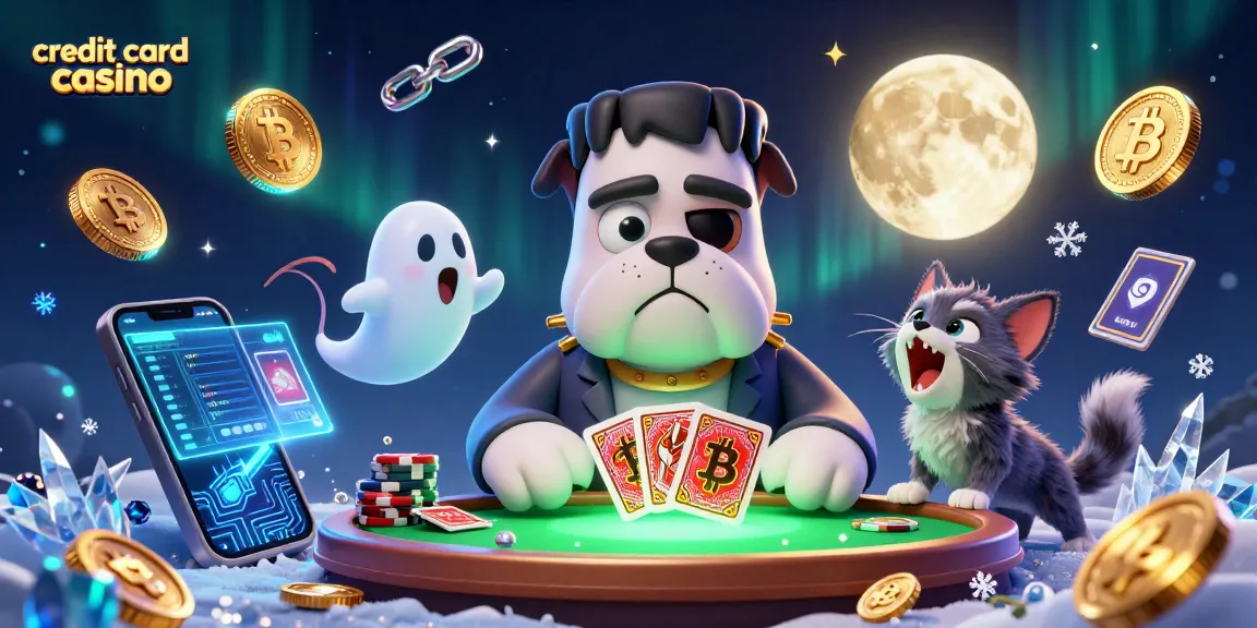 Experience the thrill at a credit card casino with a Frankenstein bulldog dealing cards amidst ghostly surprises.
