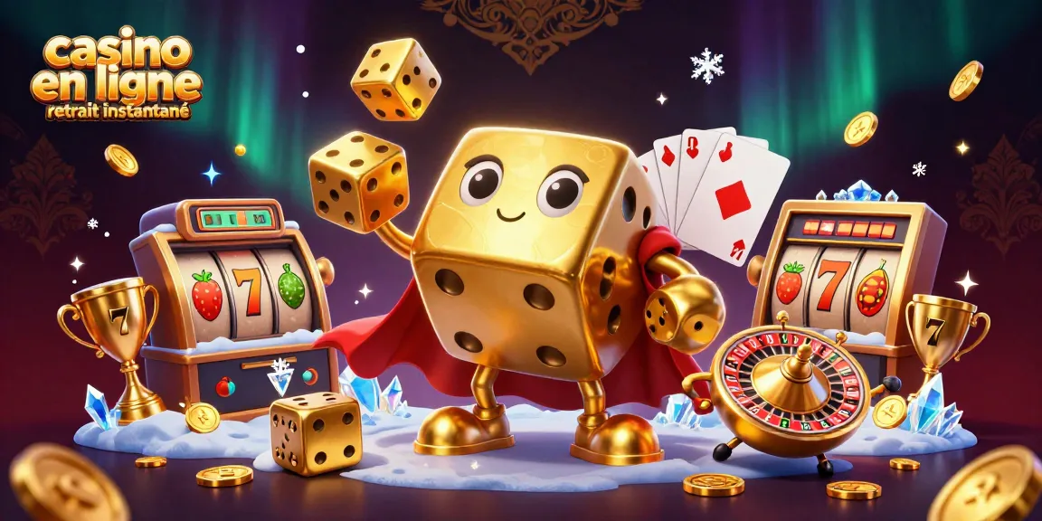 Profitez du jeu au casino en ligne retrait instantané avec des dés dorés et des éléments de machine à sous.