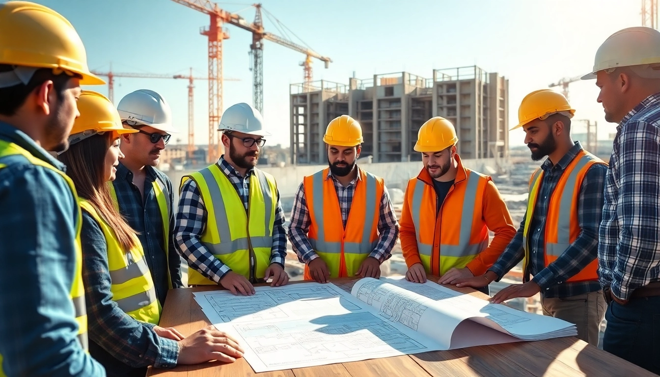 Team of construction workers discussing plans, illustrating a construction career in action.