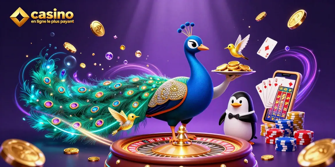 Visualisez le casino en ligne le plus payant avec un paon aristocratique et des éléments de jeu chatoyants.