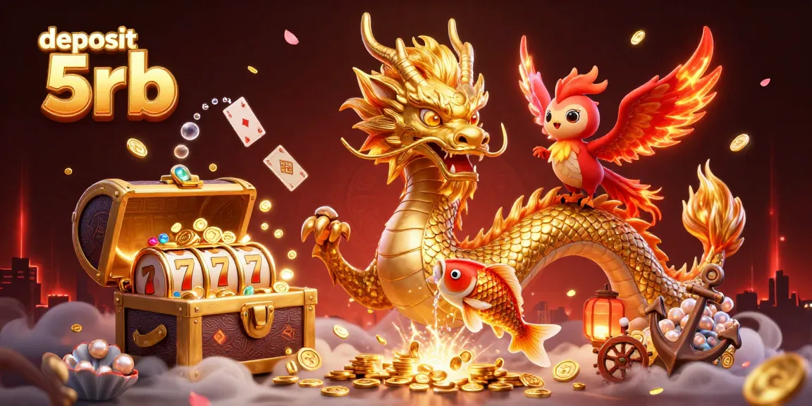 Experience thrilling moments in play with deposit 5rb, surrounded by mystical dragons, vibrant koi, and enticing slot reels.