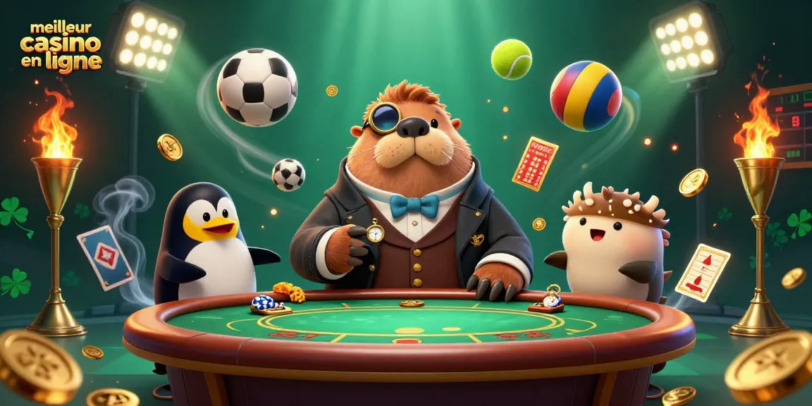 Illustration de meilleur casino en ligne avec un morse et un dealer de pingouin à une table de poker sous-marine.